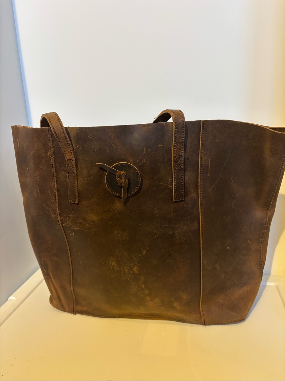 Brown Leather Tote Bag with Knot-Detail Shoulder Straps